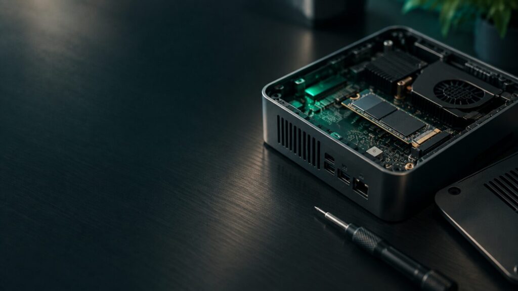Geöffneter kompakter Mini-PC auf einem dunklen Schreibtisch, Hauptplatine mit M.2-Modul, Lüfter und Anschlüssen sichtbar, daneben ein kleiner Schraubendreher