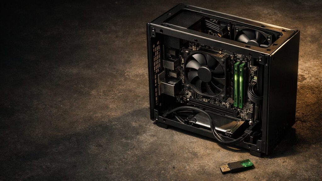 Ein Mini-ITX-Gehäuse steht aufgeschraubt und ohne Seitenwand auf einer dunklen Betonplatte im Abstellraum, das Mainboard darin gut sichtbar, daneben liegt locker ein bootfähiger USB-Stick. Die Kameraperspektive blickt schräg von oben auf das offene Gehäuse, sodass Lüfter und Platinenlayout klar
