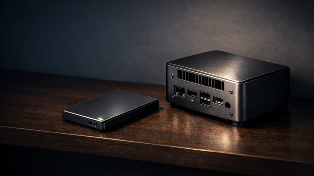 Ein externes Solid-State-Laufwerk und ein kompakter Mini-PC mit mattem Metallgehäuse stehen nebeneinander im rechten Bildbereich auf einer dunklen Holzkonsole, das linke Bilddrittel bleibt leer. Das Gehäuse des Mini-PC ist leicht angewinkelt, sodass seine Rückseite mit mehreren rechteckigen Ansch
