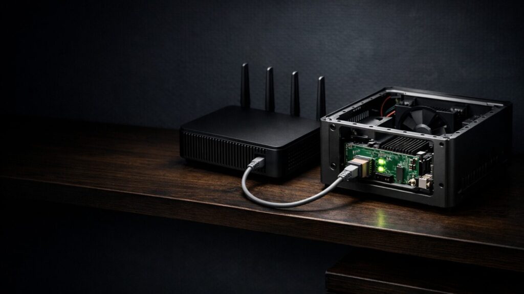 Ein Netzwerkrouter steht auf einem dunklen Holzregal im Heimbüro, daneben liegt ein aufgeschraubtes Mini-ITX-Servergehäuse mit sichtbarer Netzwerkkarte, beide Geräte im rechten Bildbereich nebeneinander platziert, das linke Bilddrittel bleibt leer und dunkel. Von der Rückseite des Routers führt