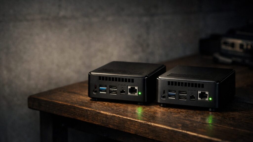 Zwei Mini-PCs im schmalen Metallgehäuse stehen nebeneinander im rechten Bildbereich auf einem dunklen Holzregal in einem Kellerraum, das linke Bilddrittel bleibt leer und zeigt nur die unscharfe Betonwand im Hintergrund. Beide Geräte sind von der Rückseite fotografiert, sodass die rechteckigen An