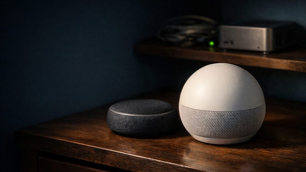 Ein Home Assistant Voice Preview Edition steht auf einer dunklen Holzkommode im rechten Bildbereich, das kugelförmige Gehäuse aus hellem Kunststoff mit dem umlaufenden Lautsprechergitter deutlich als eigenständiges Tischgerät erkennbar. Daneben liegt, ebenfalls im rechten Drittel, ein ausrangier