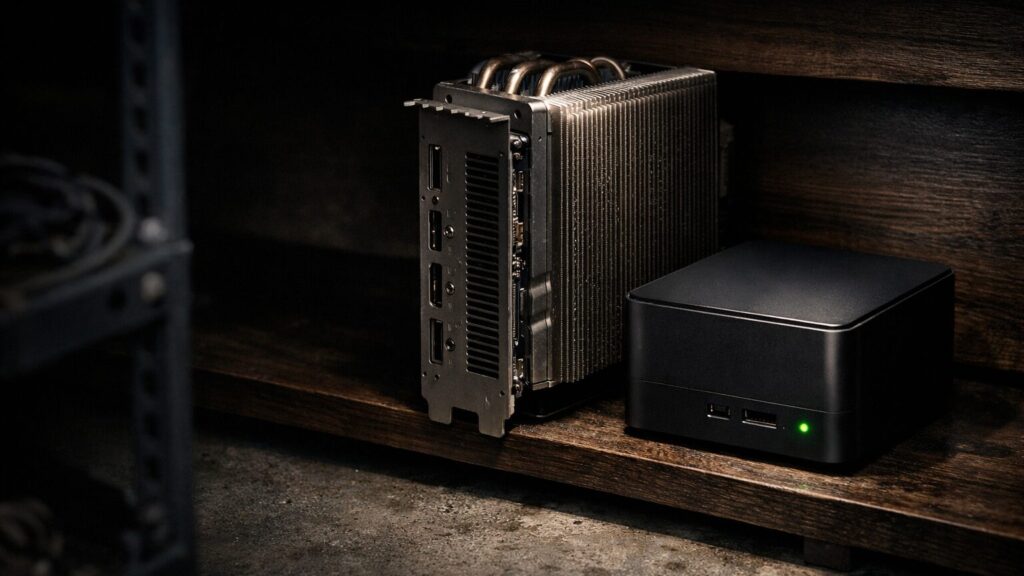 Eine Grafikkarte mit sichtbar überdimensioniertem Kühlkörper liegt aufrecht auf einem dunklen Holzregal, daneben ein kompakter Mini-PC mit Unified-Memory-Chipsatz, beide im rechten Bilddrittel dicht beieinander platziert. Das linke Bilddrittel bleibt leer und zeigt nur die verschwommene Kante ein