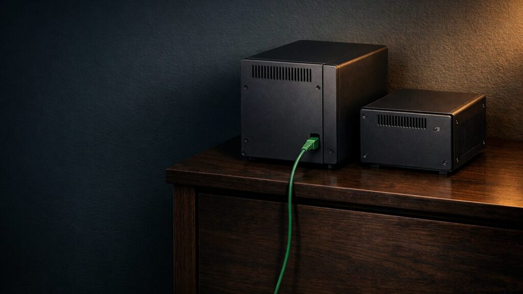 Ein zugeklapptes NAS-Gehäuse aus mattem Anthrazit-Metall steht neben einem ausgeschalteten Mini-PC auf einer dunklen Holzkommode im Wohnzimmer, beide nebeneinander im rechten Bilddrittel platziert, das linke Drittel bleibt leerer Raum im Halbdunkel. Ein einzelnes Netzwerkkabel führt vom NAS über