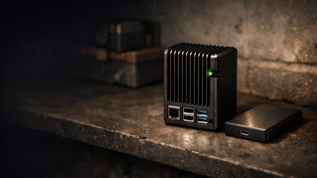 Ein Raspberry Pi im Metallgehäuse steht aufrecht auf einer dunklen Betonfläche im Regal eines Kellerraums, daneben liegt eine kompakte externe SSD auf der Seite – beides zusammen im rechten Bildbereich, das linke Bilddrittel bleibt leer und dunkel verschwommen. Von der Seite fällt warmes, geric