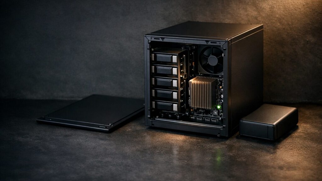 Ein aufgeklappter Homeserver-Tower steht rechts im Bild auf einem dunklen Beton-Sideboard, der Deckel liegt daneben, sodass mehrere Festplattenschächte und ein Mainboard mit passivem Kühlkörper sichtbar werden. Direkt daneben, ebenfalls im rechten Bilddrittel, liegt eine externe USB-Festplatte au