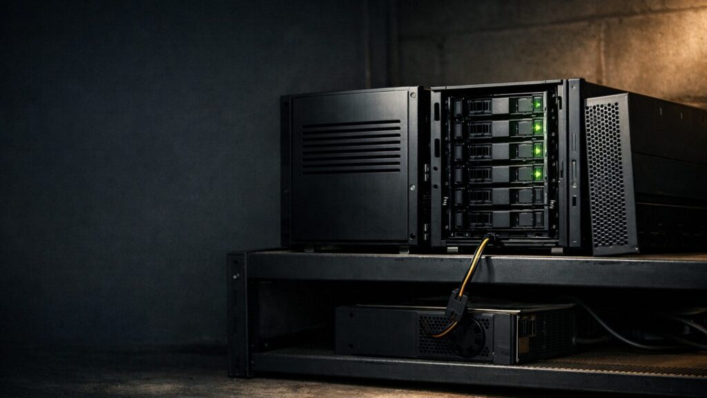 Ein Proxmox-Host im offenen Rack steht im rechten Bildbereich neben einem zweiten, baugleichen Server, dessen Frontblende abgenommen an der Seite lehnt und den Blick auf die Laufwerkskäfige freigibt – beide auf einem dunklen Metallregal in einem Kellerraum. Die Ansicht ist leicht von schräg unte