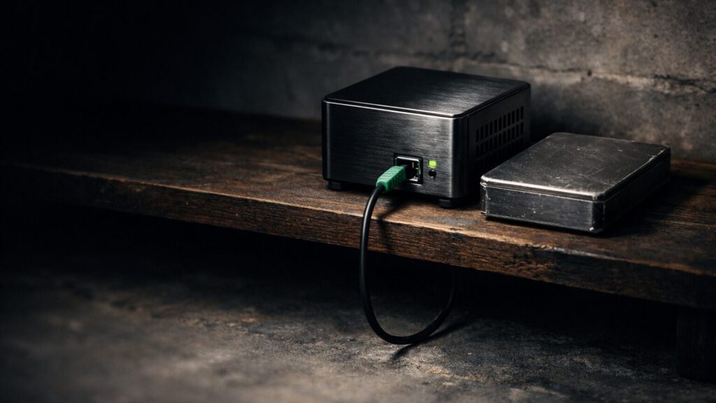 Ein kompaktes Mini-PC-Gehäuse steht auf einem dunklen Holzregal in einem Kellerraum, daneben liegt eine externe Festplatte mit massivem Metallgehäuse, beide im rechten Bildbereich nebeneinander platziert, das linke Bilddrittel bleibt leer und liegt im Schatten. Seitliches Licht von rechts fällt f