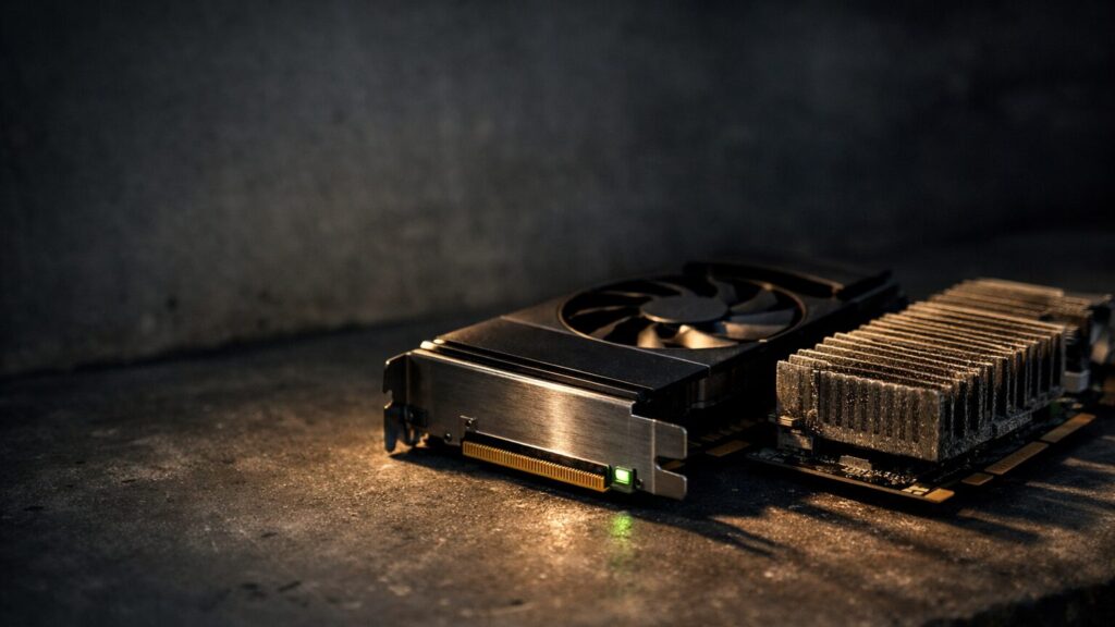 Eine ausgebaute Grafikkarte liegt quer auf einer dunklen Betonwerkbank im Keller, die Anschlussleiste mit den PCIe-Kontakten zur Kamera gedreht, daneben eine zweite, ältere Kühlkörper-Karte mit sichtlich verstaubten Lamellen – beide im rechten Bilddrittel nebeneinander platziert, das linke Drit