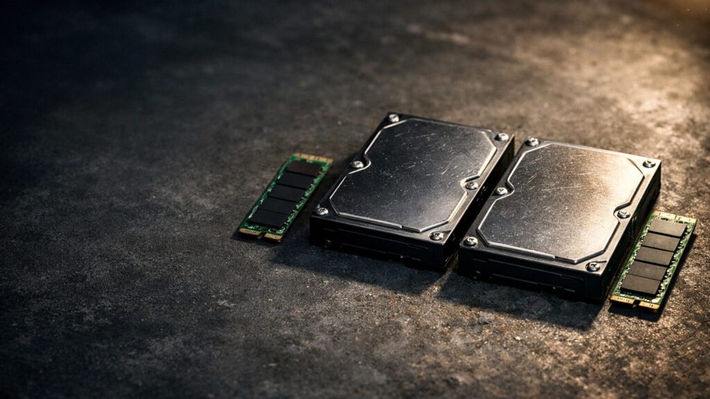 Eine ausgebaute 3,5-Zoll-Festplatte liegt neben einer M.2-SSD auf einer dunklen Betonwerkbank im Kellerabstellraum, daneben ein zweites baugleiches Laufwerkspaar, sodass Festplatte und SSD im rechten Bildbereich direkt nebeneinander zu sehen sind. Das linke Bilddrittel bleibt leer und liegt im Schat