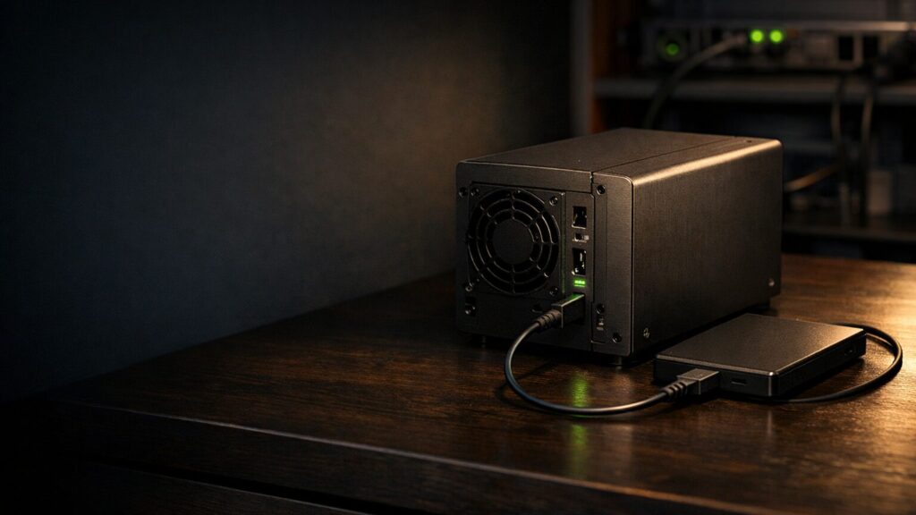 Ein zusammengeklapptes NAS-Gehäuse aus mattem Metall steht auf einem dunklen Sideboard im Wohnzimmer, daneben liegt eine externe USB-Festplatte mit sichtbarem Kabel, das vom Anschluss der Festplatte bis zu einer rechteckigen Buchse an der Rückseite des NAS verläuft. Beide Geräte stehen zusammen