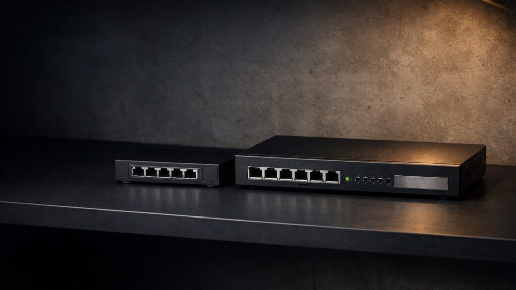 Auf einer dunklen, matten Anthrazit-Regalplatte in einem Abstellraum stehen im rechten Bildbereich nebeneinander ein kleiner, flacher Unmanaged Switch in schwarzem Kunststoffgehäuse und ein breiterer Managed Switch mit gebürstetem, dunkelgrauem Metallgehäuse. Beide zeigen ihre Vorderseite mit meh