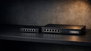 Auf einer dunklen, matten Anthrazit-Regalplatte in einem Abstellraum stehen im rechten Bildbereich nebeneinander ein kleiner, flacher Unmanaged Switch in schwarzem Kunststoffgehäuse und ein breiterer Managed Switch mit gebürstetem, dunkelgrauem Metallgehäuse. Beide zeigen ihre Vorderseite mit meh