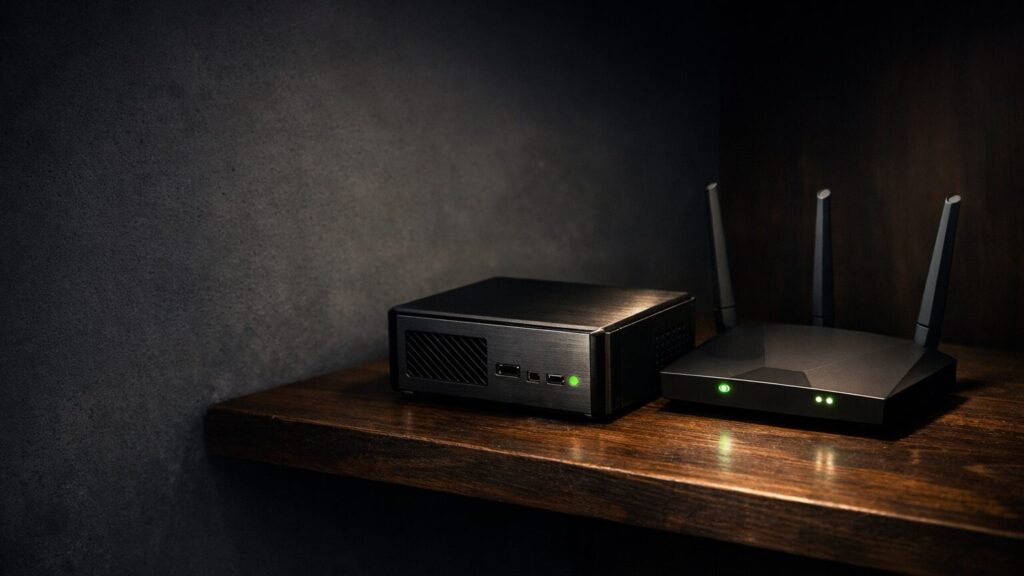 Ein kompakter, schwarzer Mini-PC steht auf einem dunklen, gebeizten Holzregal in einem Abstellraum, daneben ein mattschwarzer WLAN-Router mit angewinkelten Antennen. Beide Geräte stehen ohne Kabel nebeneinander im rechten Bilddrittel, das linke Drittel zeigt nur die unbeleuchtete, anthrazitfarbene
