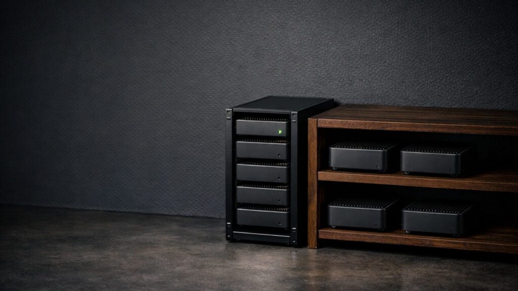 Im rechten Bilddrittel stehen nebeneinander ein schmales 10-Zoll-Mini-Rack aus mattschwarzem Aluminium mit mehreren kleinen, lüfterlosen Mini-PCs in dunkelgrauen Gehäusen und daneben ein niedriges Regal aus dunkel gebeiztem Holz, auf dessen Böden mehrere ähnliche Mini-PCs mit etwas Abstand zuein