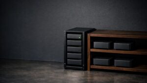 Im rechten Bilddrittel stehen nebeneinander ein schmales 10-Zoll-Mini-Rack aus mattschwarzem Aluminium mit mehreren kleinen, lüfterlosen Mini-PCs in dunkelgrauen Gehäusen und daneben ein niedriges Regal aus dunkel gebeiztem Holz, auf dessen Böden mehrere ähnliche Mini-PCs mit etwas Abstand zuein