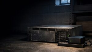 Ein gebrauchter Dell-Enterprise-Server im 19-Zoll-Format steht neben einem deutlich kleineren Mini-PC in einer Kellerecke, beide auf einem dunklen Betonboden vor einer anthrazitfarbenen Regalwand, beide rechts im Bild. Der Enterprise-Server zeigt seine Frontblende mit mehreren Lüftungsschlitzen und