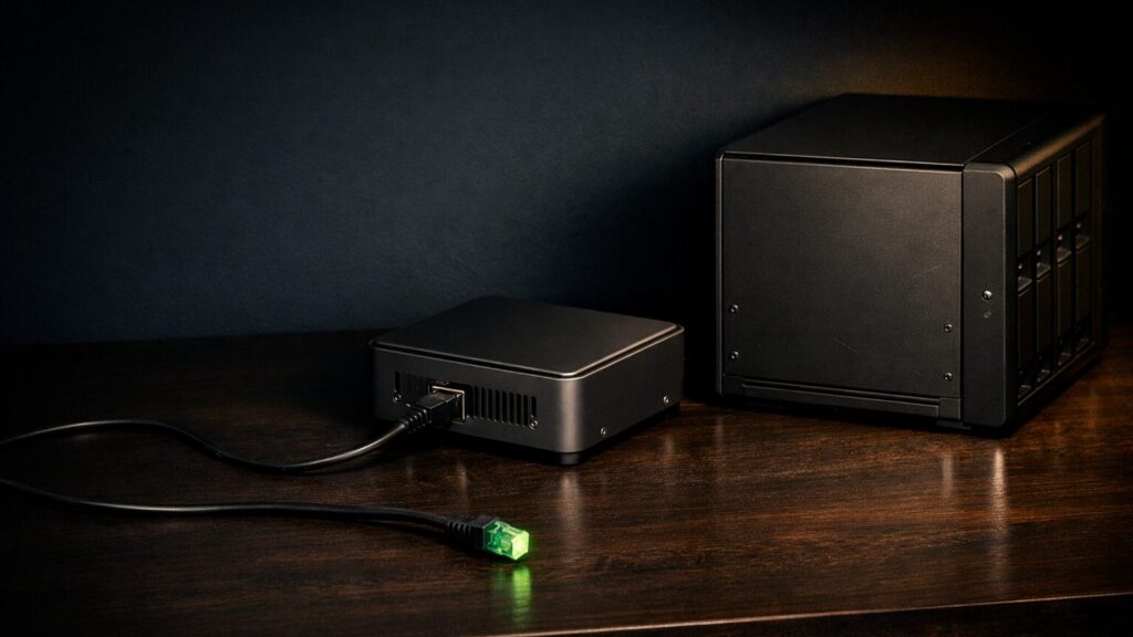 Ein Mini-PC im NUC-Format steht auf einer dunklen Sideboardplatte im Wohnzimmer, das Gehäuse aus mattem Anthrazit-Metall leicht von der Seite und schräg von oben fotografiert. Ein einzelnes Netzwerkkabel liegt lose davor und ist von der rechteckigen Anschlussbuchse an der Geräterückseite bis zu