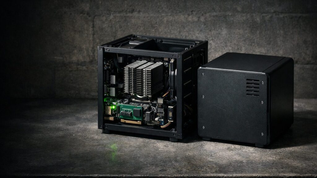 Ein zusammengebautes Mini-ITX-Selbstbau-NAS mit offenem Gehäuse steht neben einem geschlossenen, kompakten Synology-Fertiggerät im rechten Bildbereich auf einer dunklen Betonablage in einem Kellerraum, beide Geräte nebeneinander im direkten Größenvergleich. Beim Selbstbau-Gehäuse sind das frei