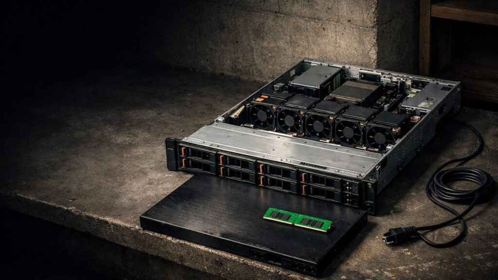 Ein ausgebauter Dell PowerEdge R640 im 19-Zoll-Rack-Gehäuse steht ausgezogen auf einer dunklen Betonablage in einem Kellerabstellraum, daneben liegt ein einzelnes RAM-Modul auf dem mattschwarzen Metalldeckel des Servers. Die Aufnahme ist von schräg rechts oben fotografiert, sodass die Lüftereinhe